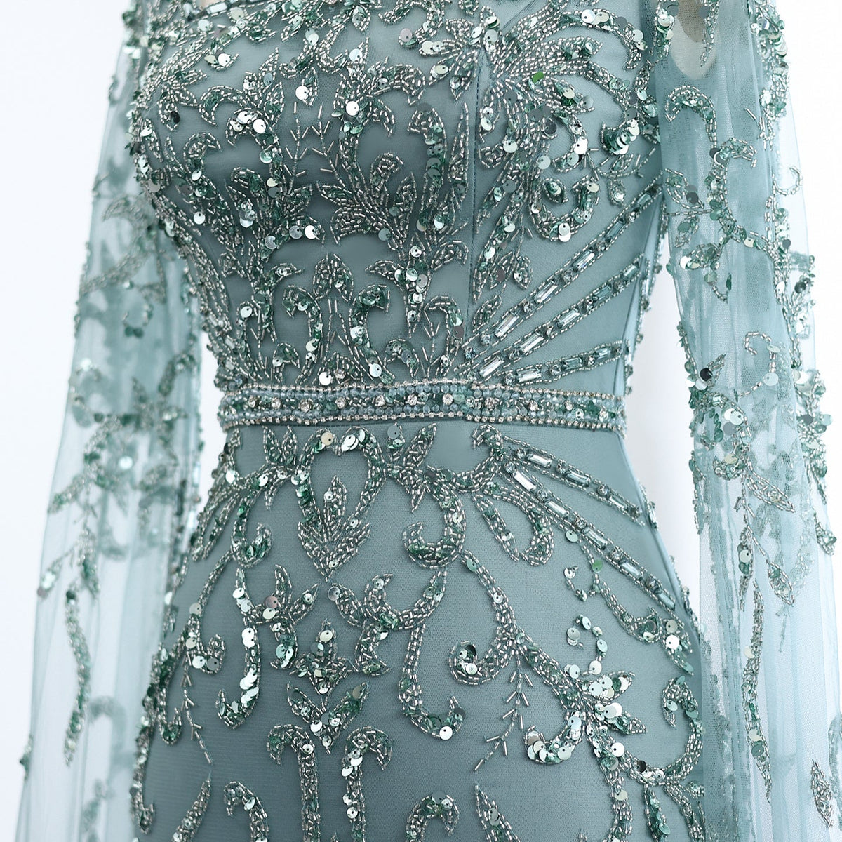 Luxury Turquoise Beaded Mermaid Evening Dress with Cape Sleeves SS469