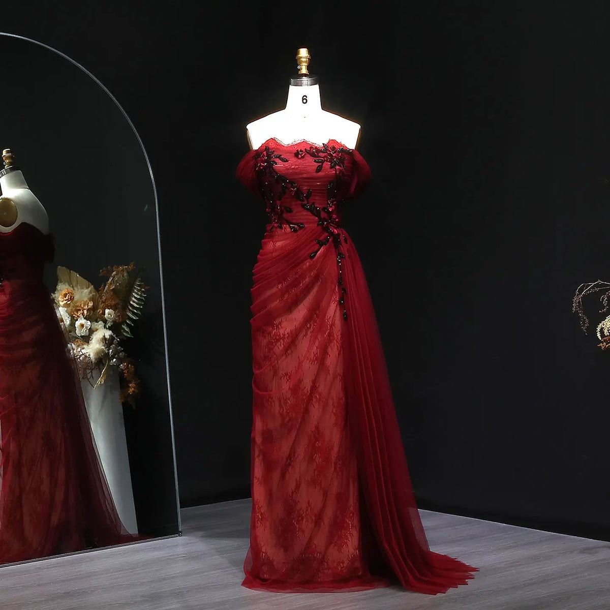 red embroidered lace dress Red Dahlia Lustre Gown Teuta Matoshi