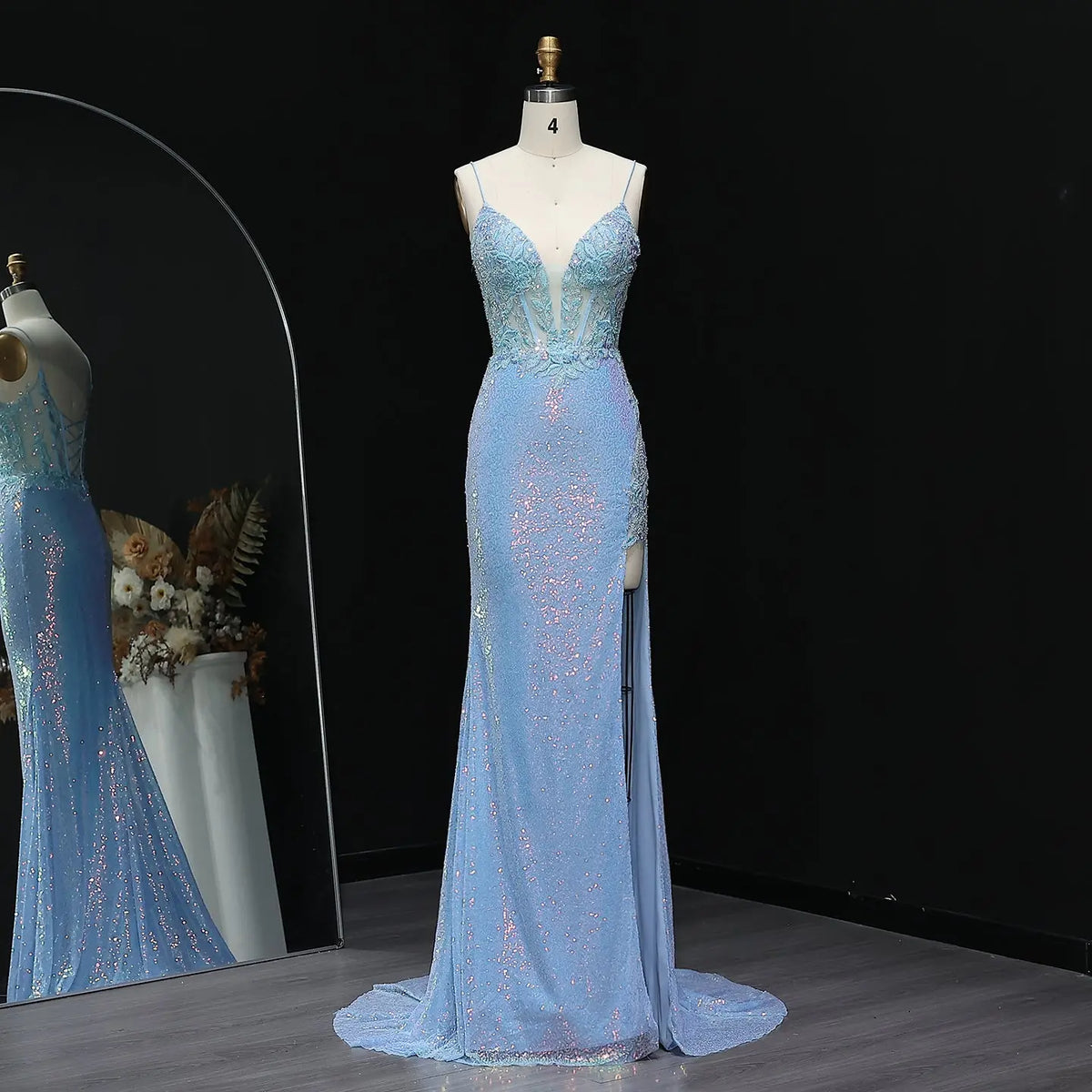 Luxury Light Blue Sheer Beaded High-Slit Mermaid Prom Dress SH502 SHARONSAID Luxury Light Blue Sheer Beaded High-Slit Mermaid Prom Dress SH502 SHARONSAID