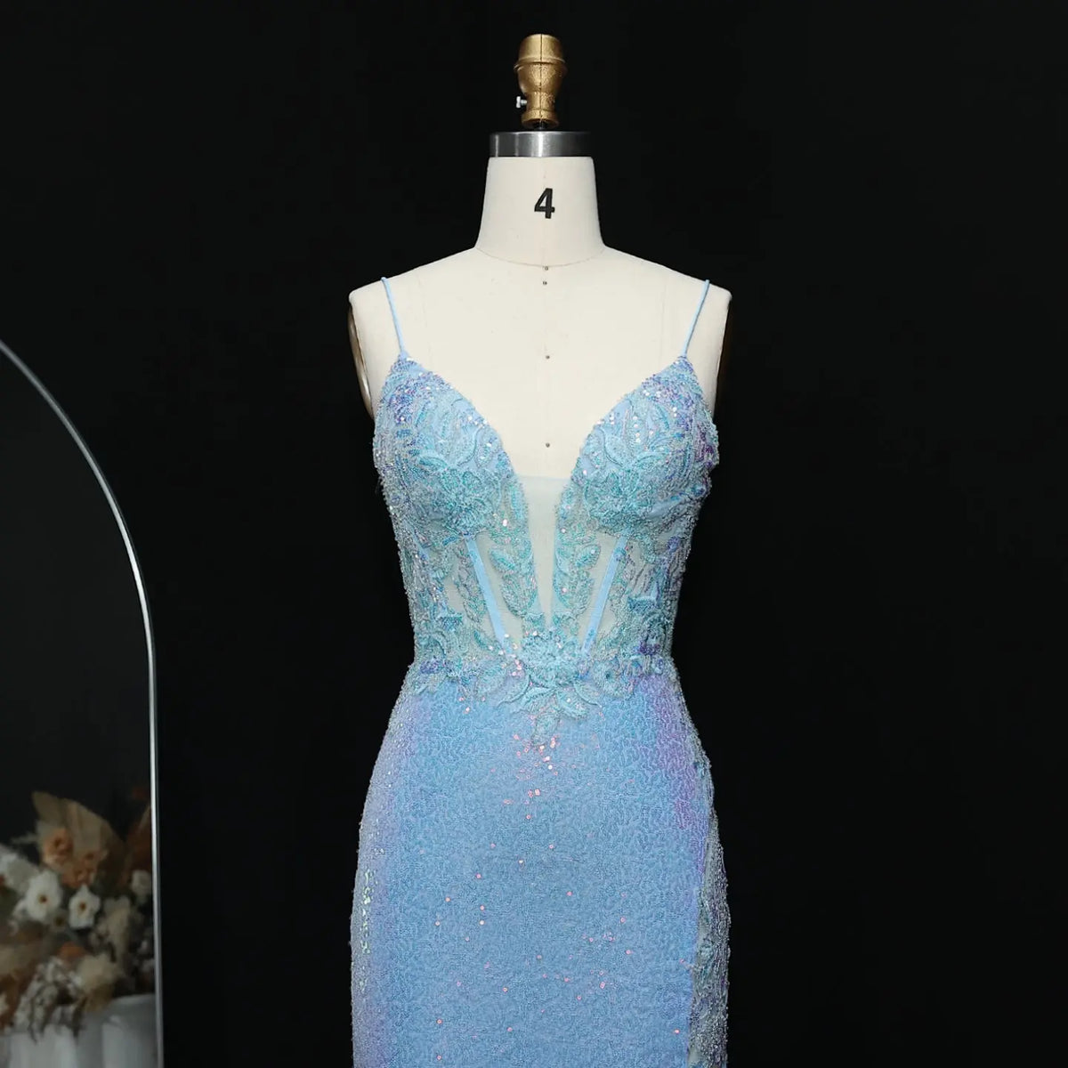 Luxury Light Blue Sheer Beaded High-Slit Mermaid Prom Dress SH502 