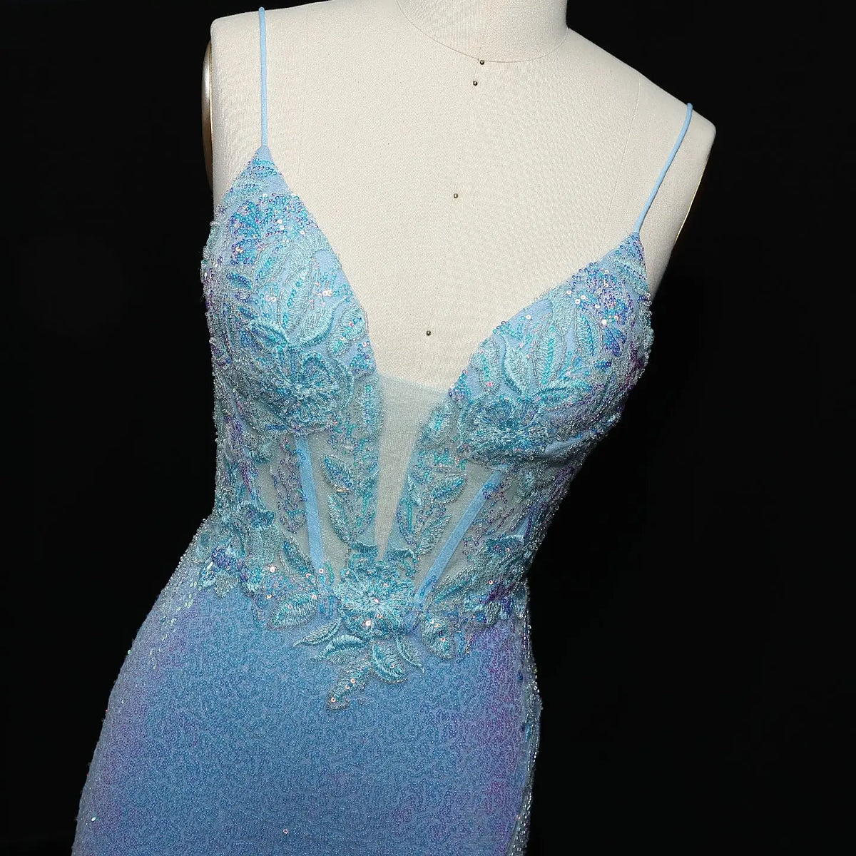 Luxury Light Blue Sheer Beaded High-Slit Mermaid Prom Dress SH502 