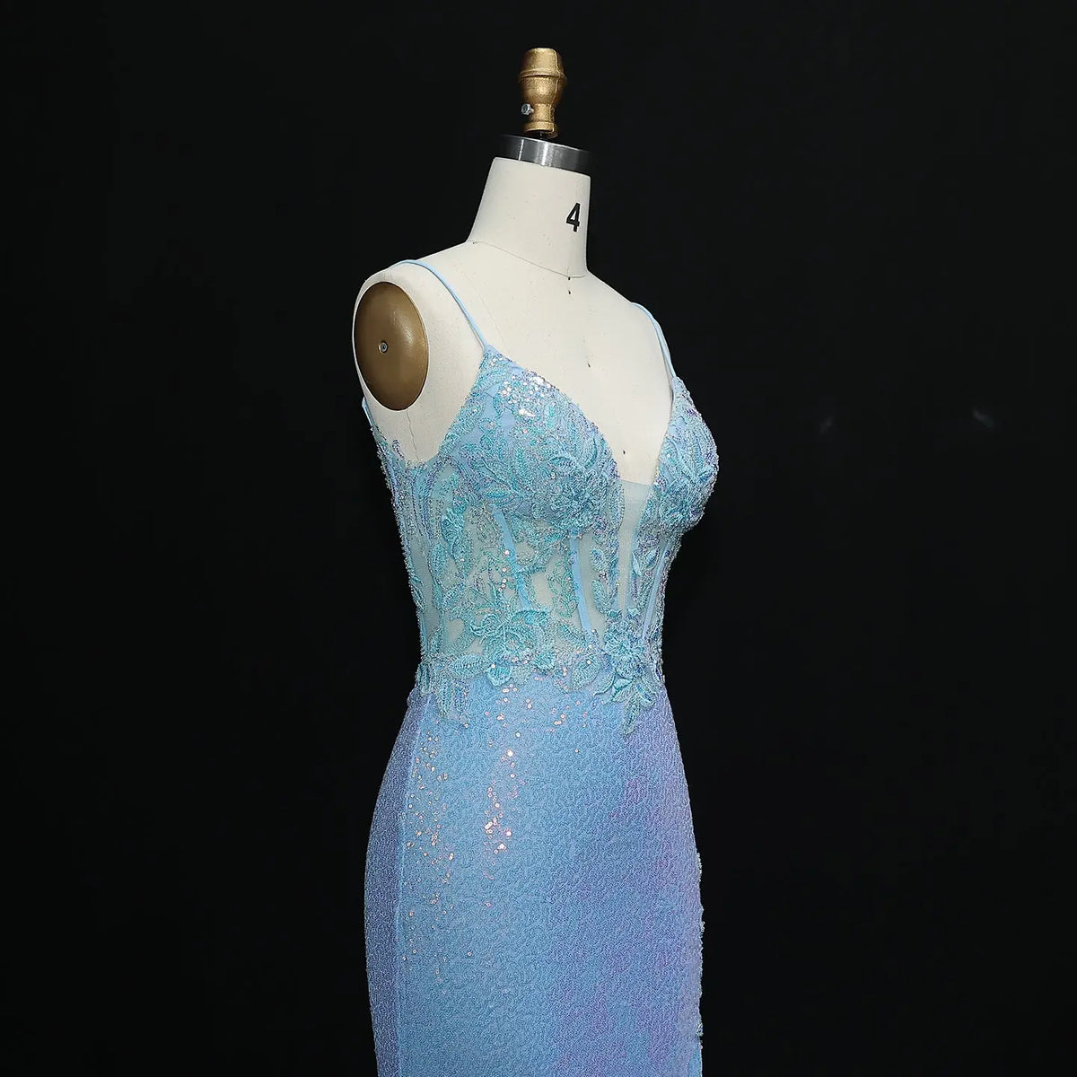 Luxury Light Blue Sheer Beaded High-Slit Mermaid Prom Dress SH502 