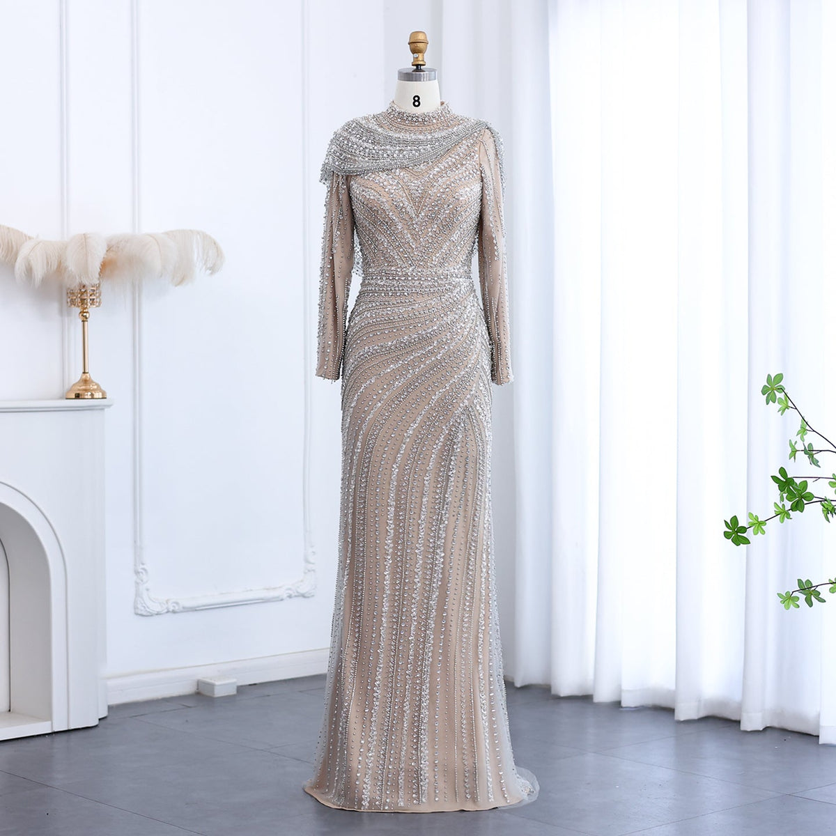 Luxury Beaded Silver Slit Mermaid Evening Dress with Cape SS035  Muslim Style / US 20