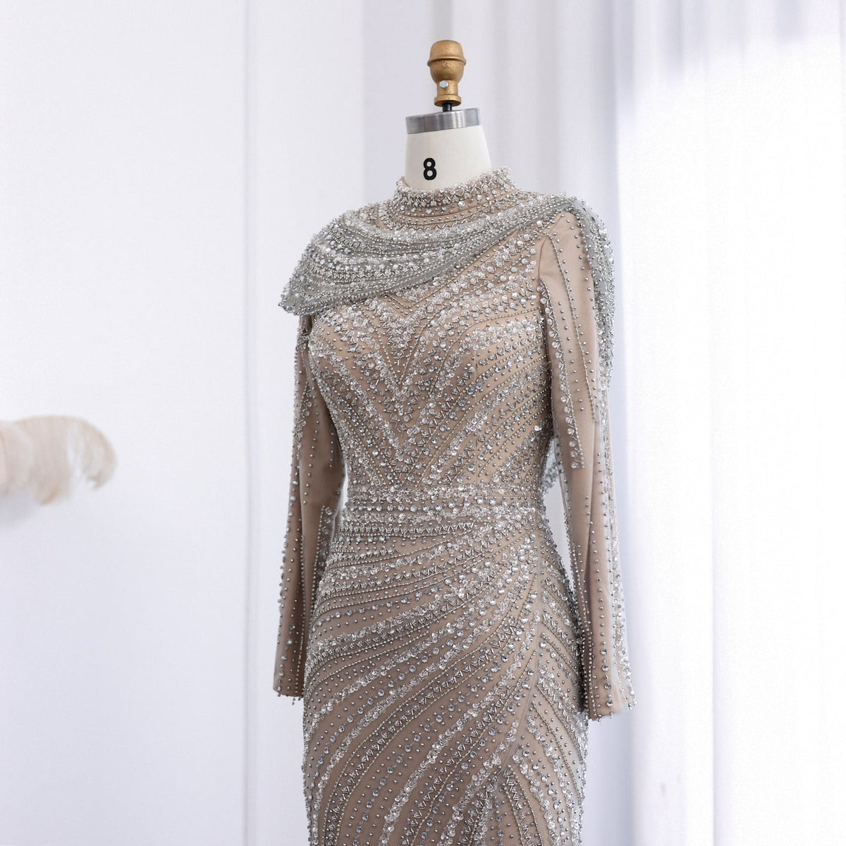Luxury Beaded Silver Slit Mermaid Evening Dress with Cape SS035