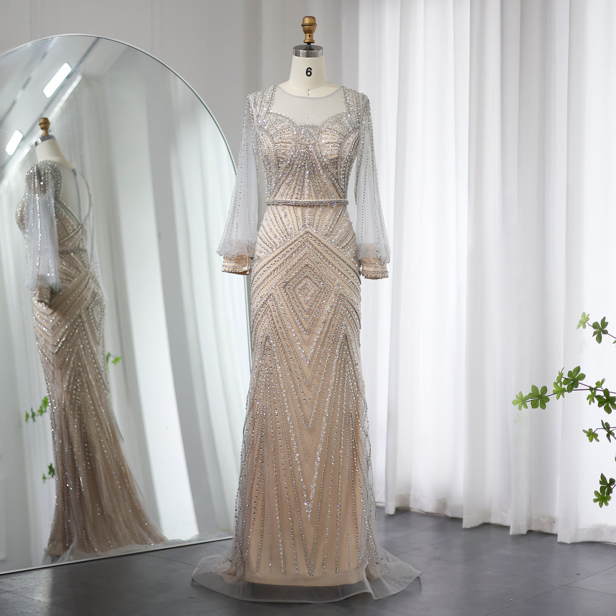 Sharon Said Luxury Silver Nude Mermaid Arabic Evening Dress Elegant Long Sleeves Dubai Women Wedding Formal Party Gowns SS020