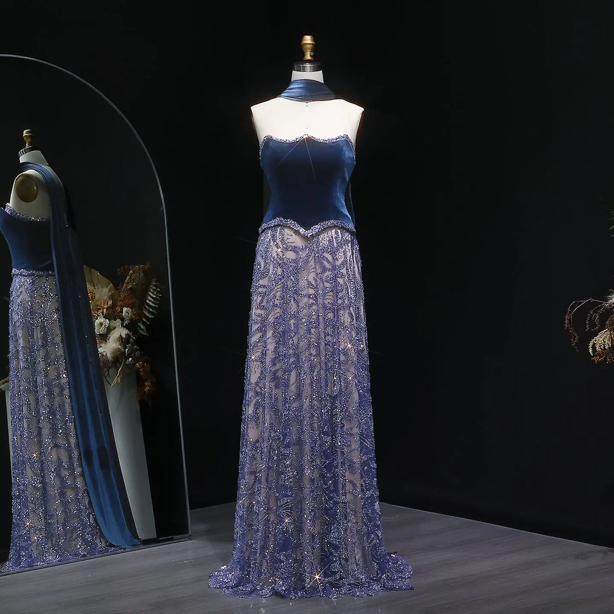 Luxury Beaded Blue Velvet Evening Dress - SS793 SHARONSAID Luxury Beaded Blue Velvet Evening Dress - SS793 SHARONSAID
