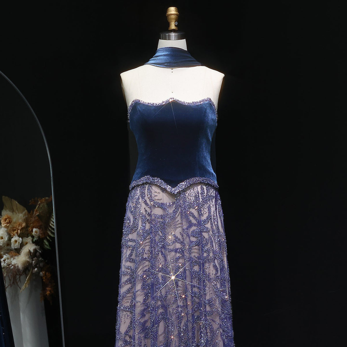 Luxury Beaded Blue Velvet Evening Dress with Scarf SS793 Luxury Beaded Blue Velvet Evening Dress with Scarf SS793