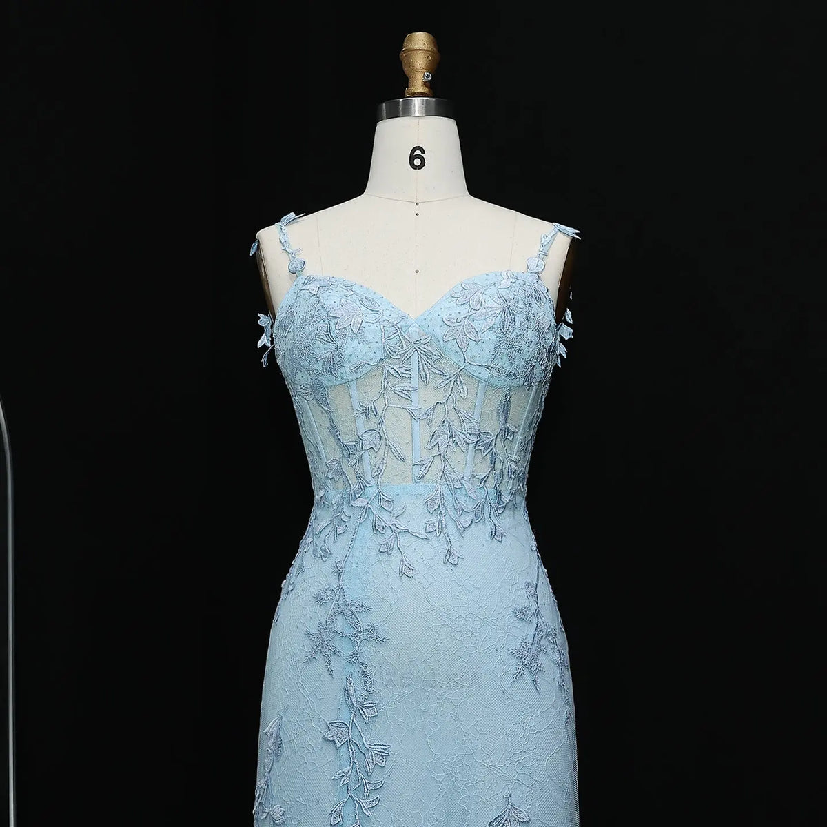 Luxury Light Blue Spaghetti Strap Embroidered High-Slit Prom Dress SH506 