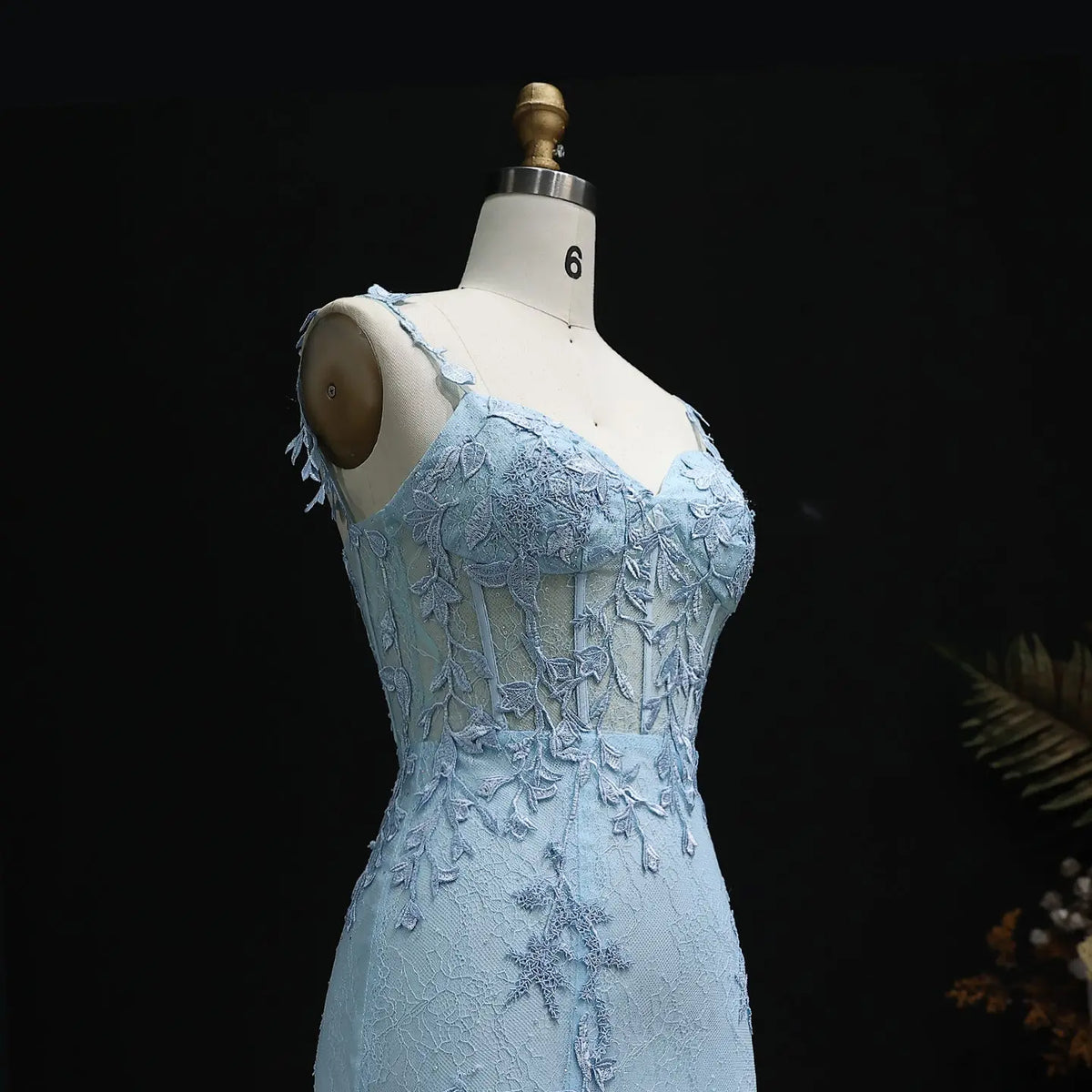 Luxury Light Blue Spaghetti Strap Embroidered High-Slit Prom Dress SH506 