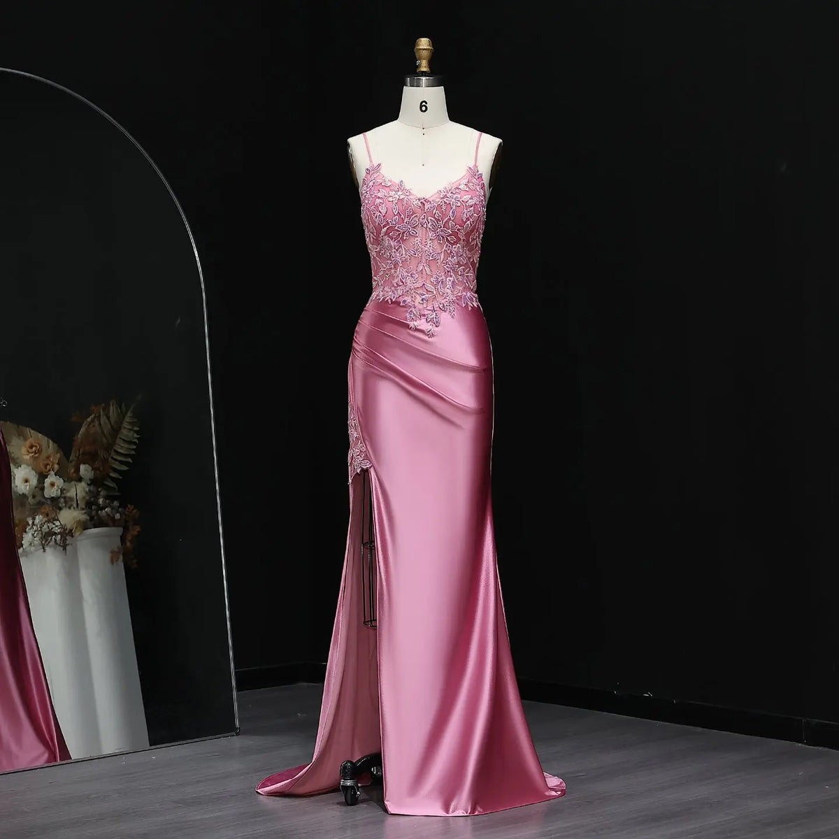 rosy pink prom dress High Neck Rose Pink Illusion Mermaid Prom Dress