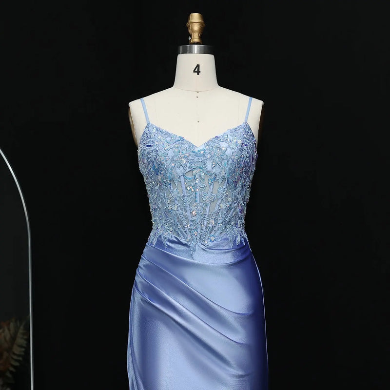 Luxury Light Blue Spaghetti Strap Beaded Ruched Satin Prom Dress SH508 