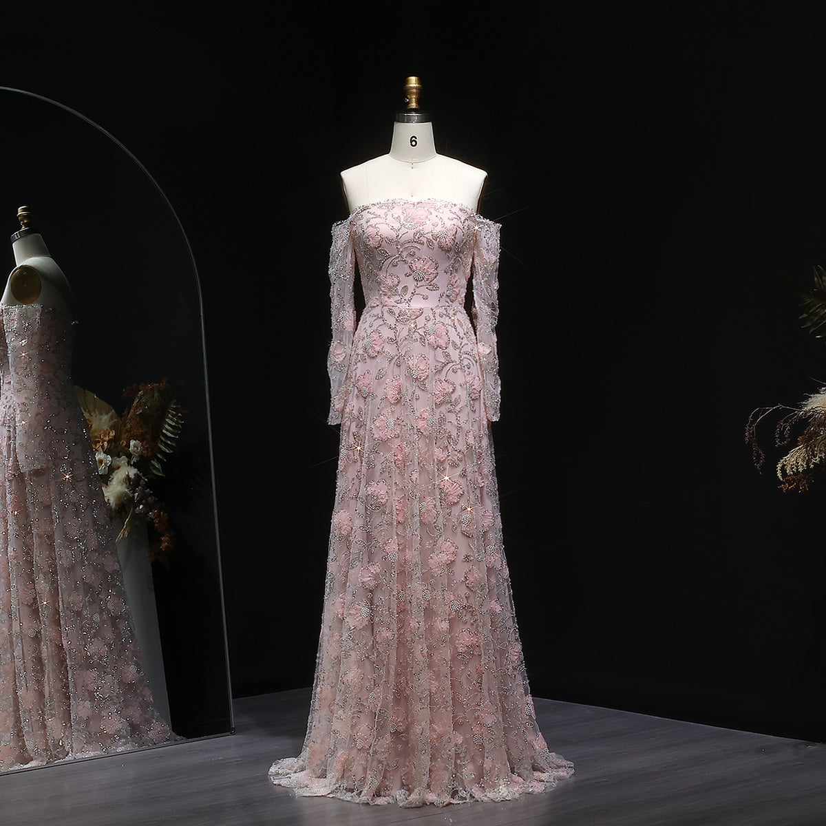 Elegant Pink Long Sleeve Beaded Embroidered Evening Dress SS638 