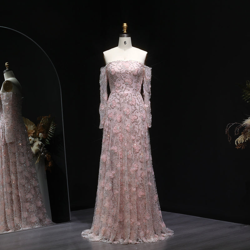 Elegant Pink Long Sleeve Beaded Embroidered Evening Dress SS638 