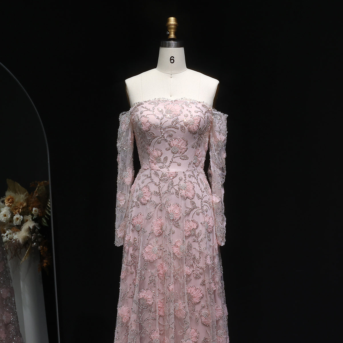 Elegant Pink Long Sleeve Beaded Embroidered Evening Dress SS638 