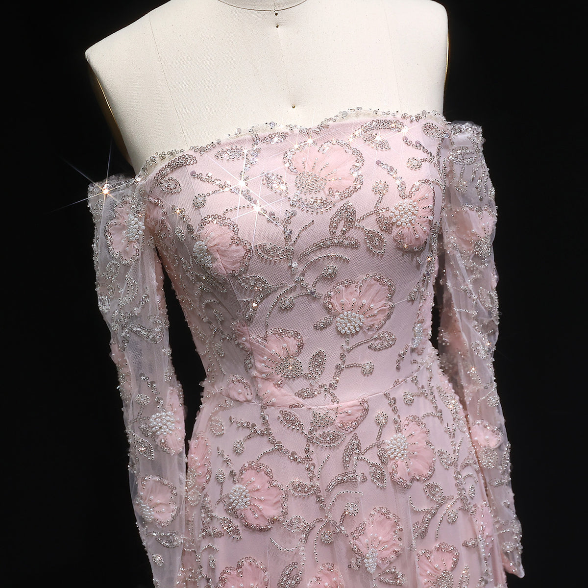 Elegant Pink Long Sleeve Beaded Embroidered Evening Dress SS638 