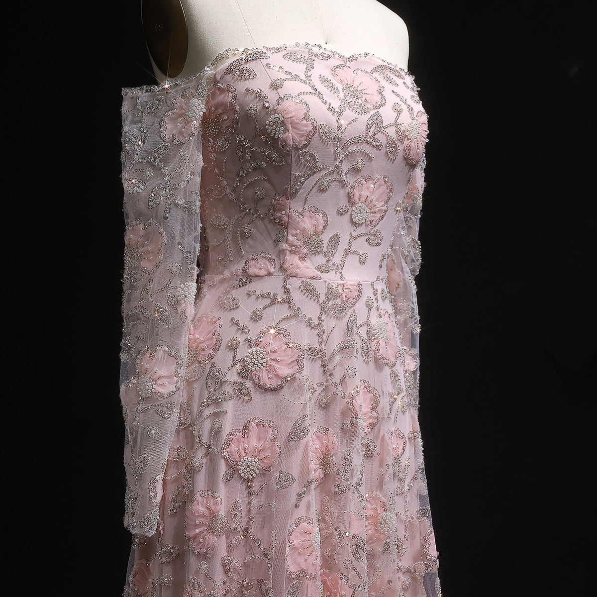 Elegant Pink Long Sleeve Beaded Embroidered Evening Dress SS638 
