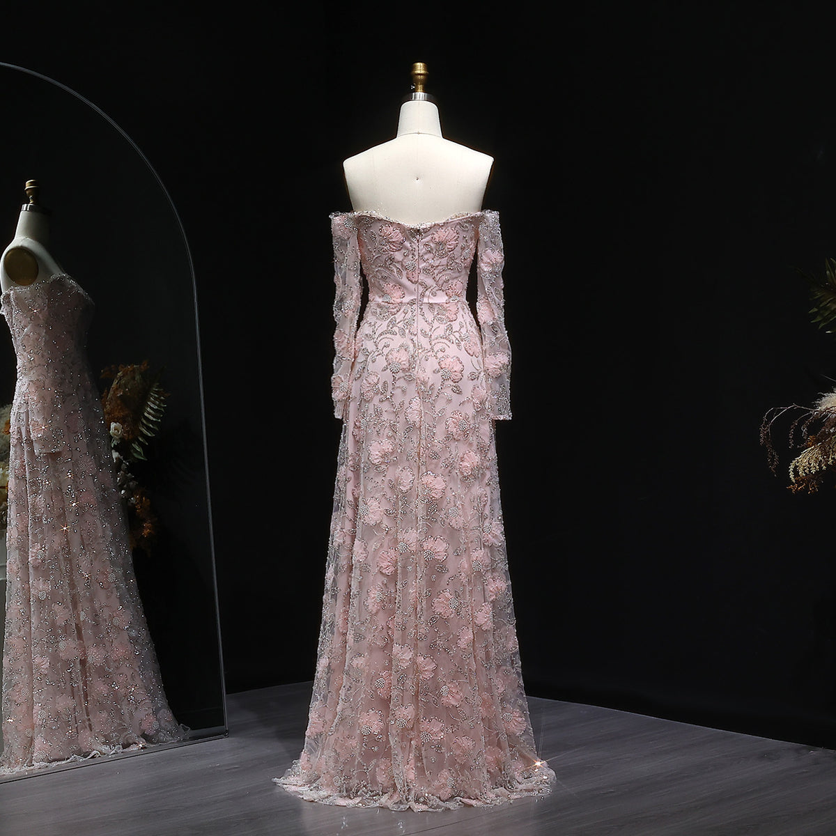 Elegant Pink Long Sleeve Beaded Embroidered Evening Dress SS638 