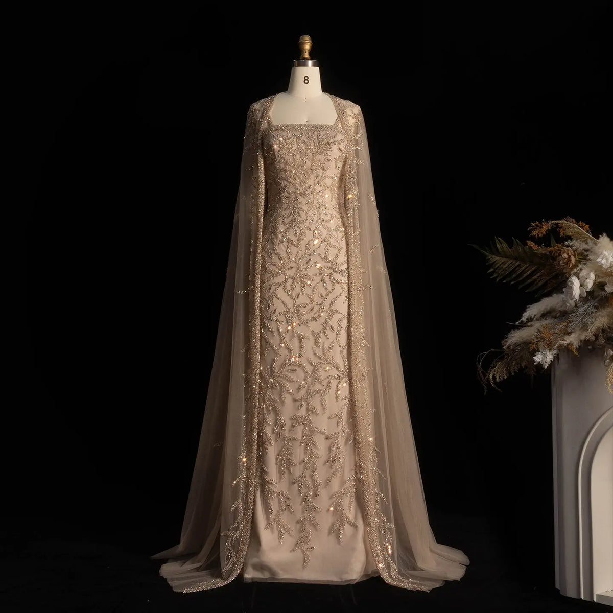 Elegant Pink Beaded Evening Gown with Sheer Cape SS393 
