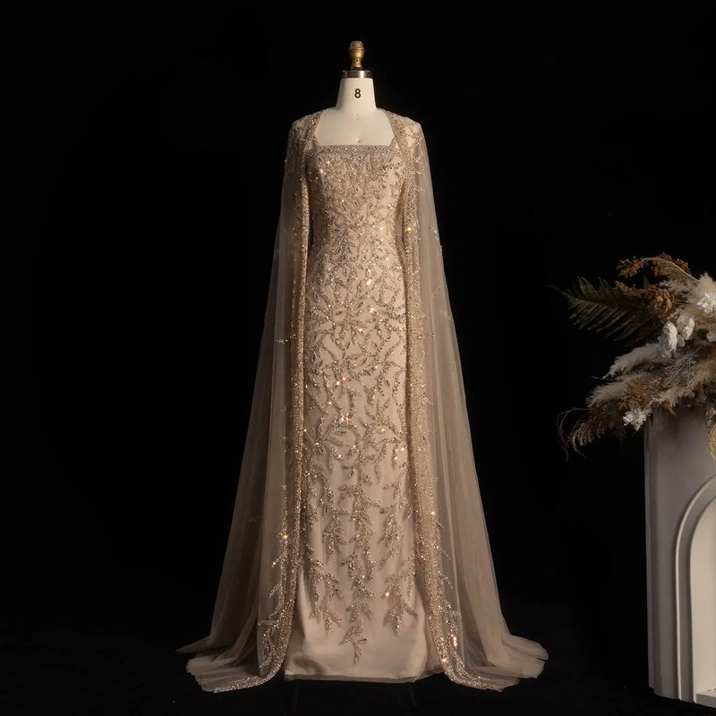 Elegant Pink Beaded Evening Gown with Sheer Cape SS393 