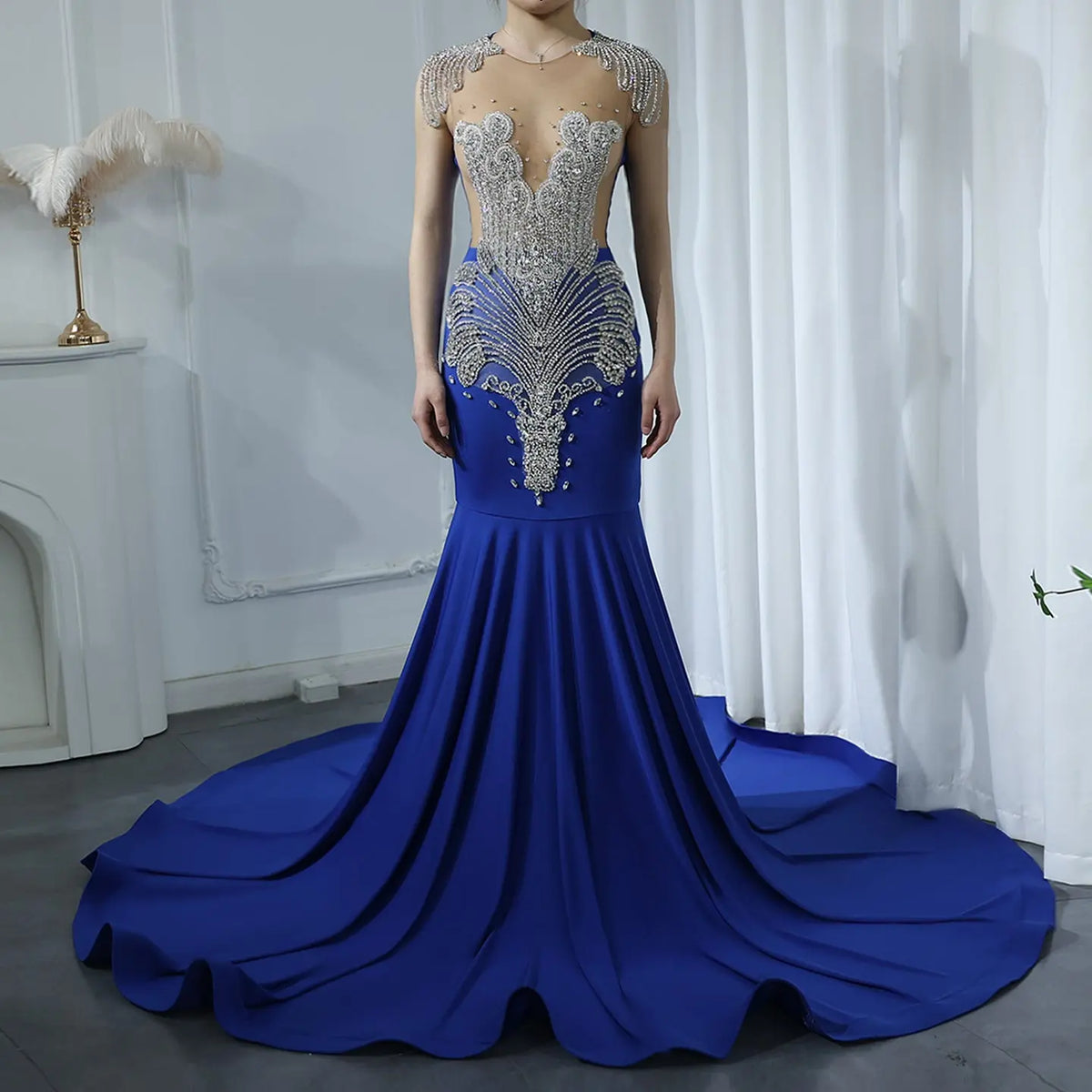 silver and royal blue prom dresses A-Line Sweetheart Neck Tulle Lace Royal Blue Long Prom Dress PSK491 US2 / Custom Color