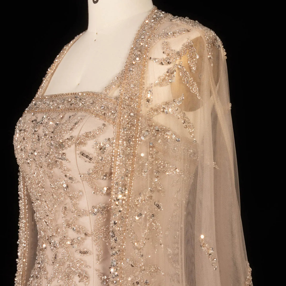 Elegant Pink Beaded Evening Gown with Sheer Cape SS393 