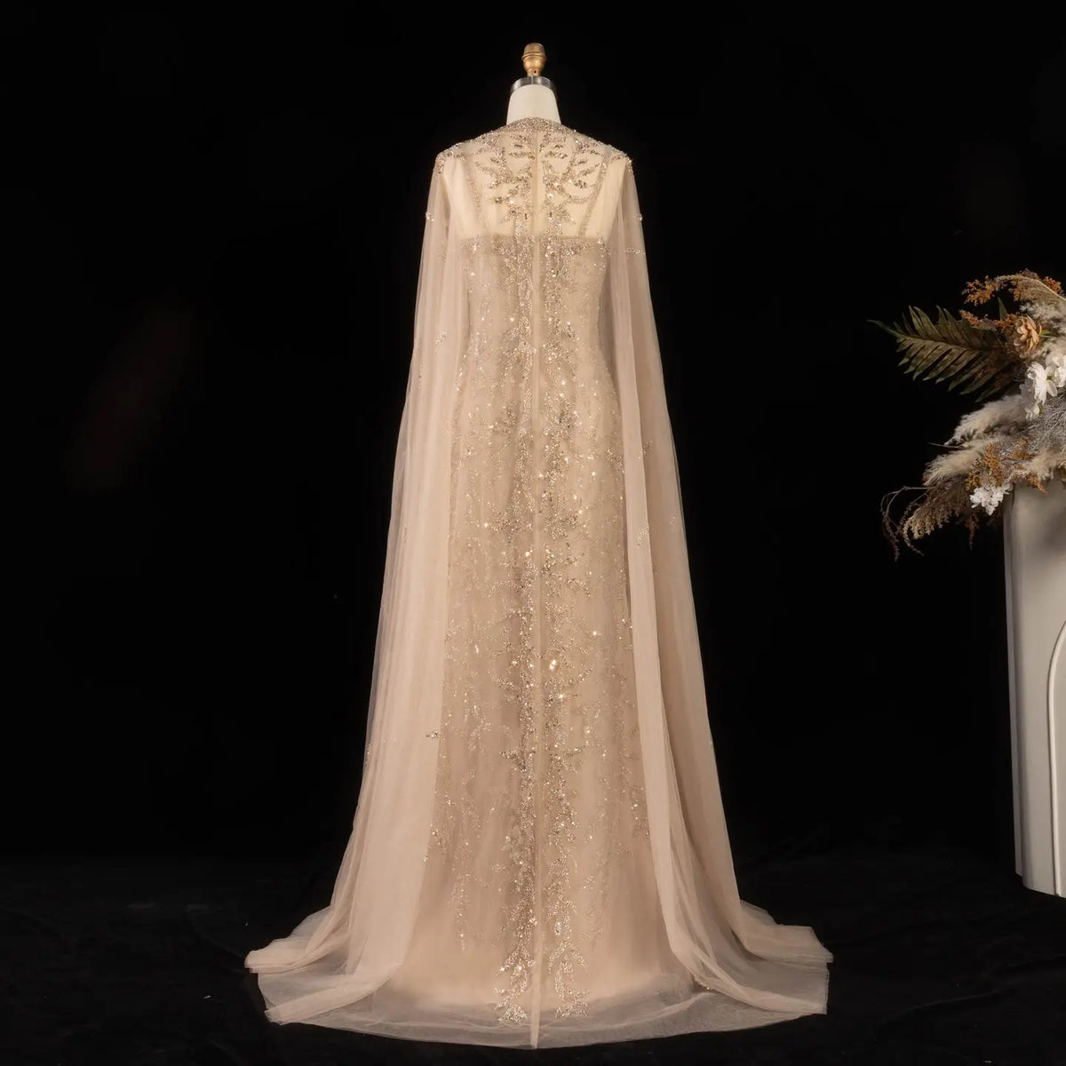 Elegant Pink Beaded Evening Gown with Sheer Cape SS393 