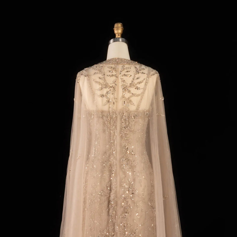 Elegant Pink Beaded Evening Gown with Sheer Cape SS393 