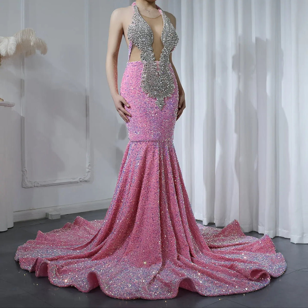 Sparkly Crystal Pink Sequined Halter Prom Dress RM056 