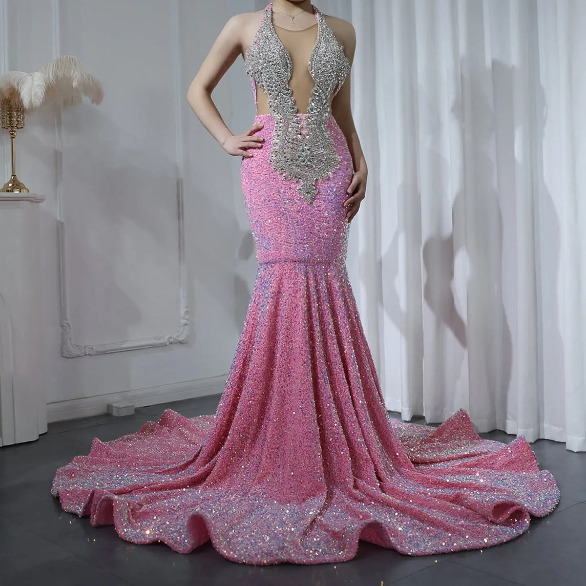 Sparkly Crystal Pink Sequined Halter Prom Dress RM056 Sparkly Crystal Pink Sequined Halter Prom Dress RM056