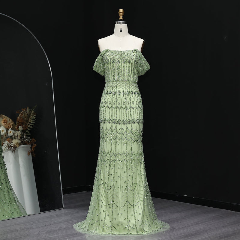 Luxury White Beaded Short Sleeves Evening Dress SS291