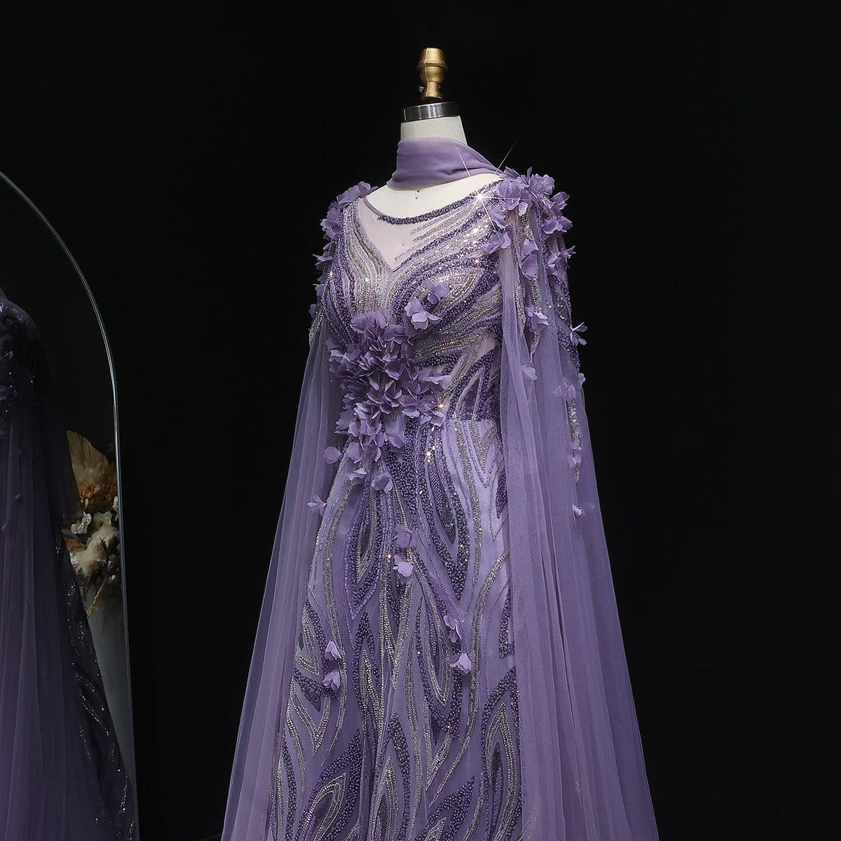 Luxury 3D flowers Purple Beaded Evening Dress with Scarf SS060