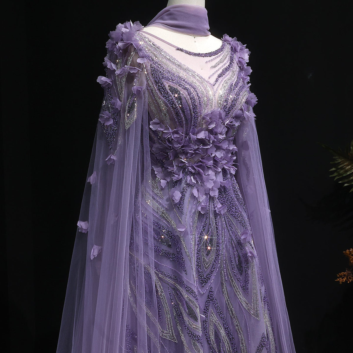 Luxury 3D flowers Purple Beaded Evening Dress with Scarf SS060