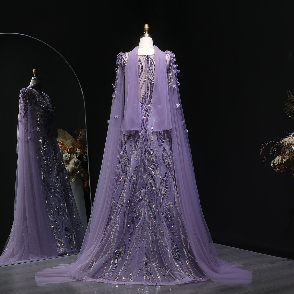 Luxury 3D flowers Purple Beaded Evening Dress with Scarf SS060