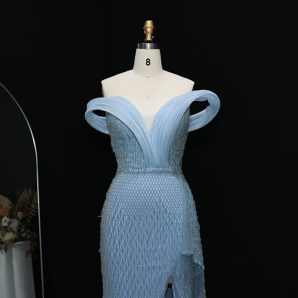 Elegant Crystal Off Shoulder Blue Evening Dress with Slit  SS115