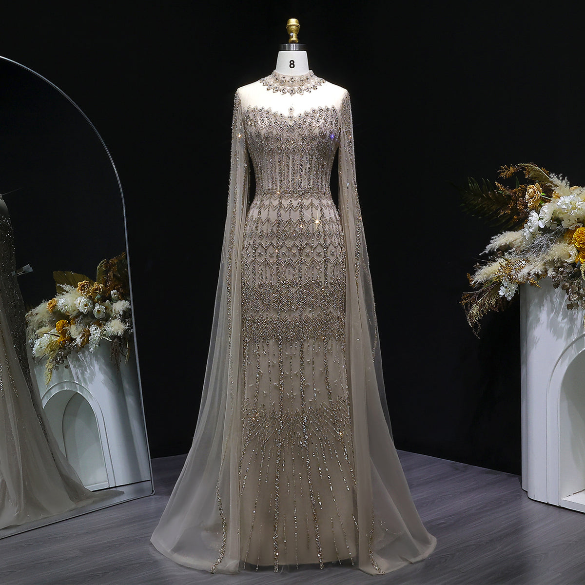 Luxury Green Long Sleeve Sequin Beaded Formal Evening Dress SS150 