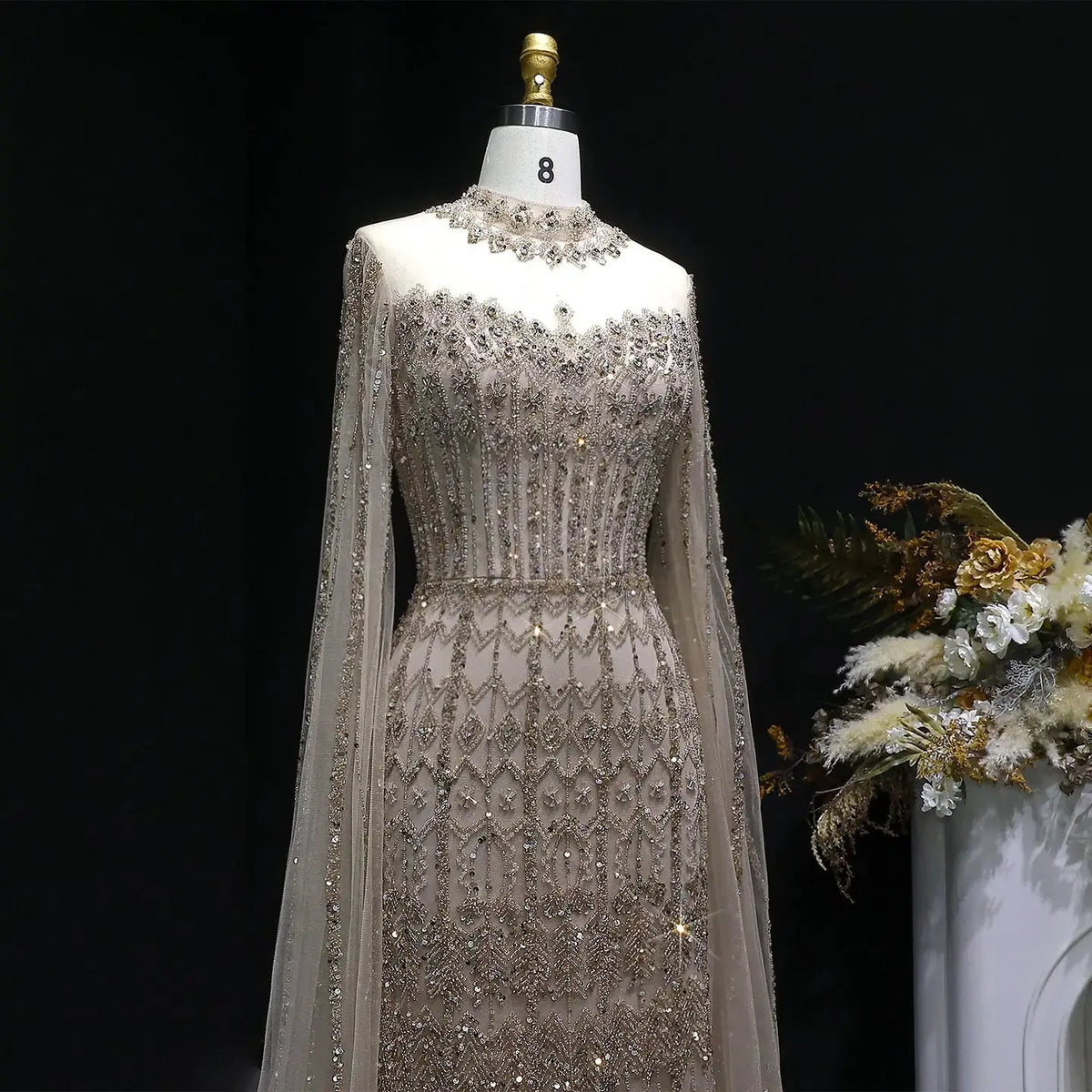 Luxury Green Long Sleeve Sequin Beaded Formal Evening Dress SS150