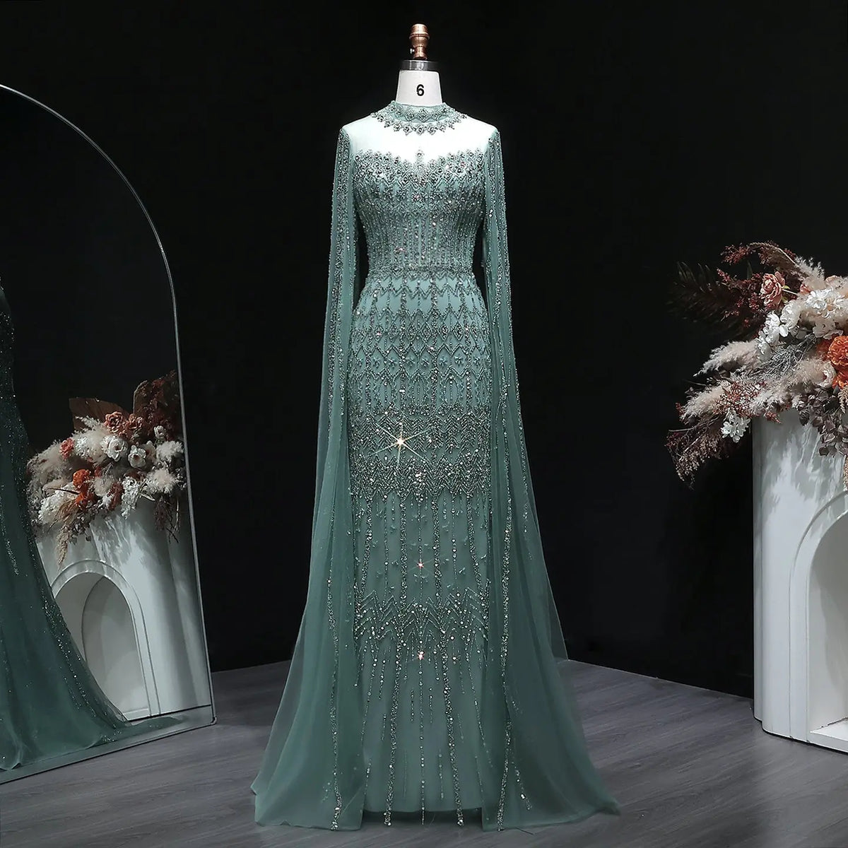 Luxury Green Long Sleeve Sequin Beaded Formal Evening Dress SS150