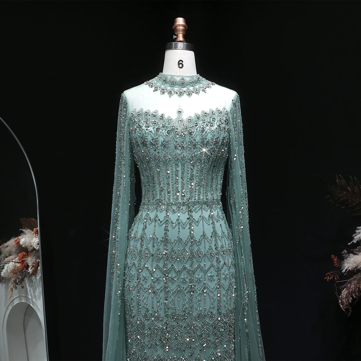 Luxury Green Long Sleeve Sequin Beaded Formal Evening Dress SS150 