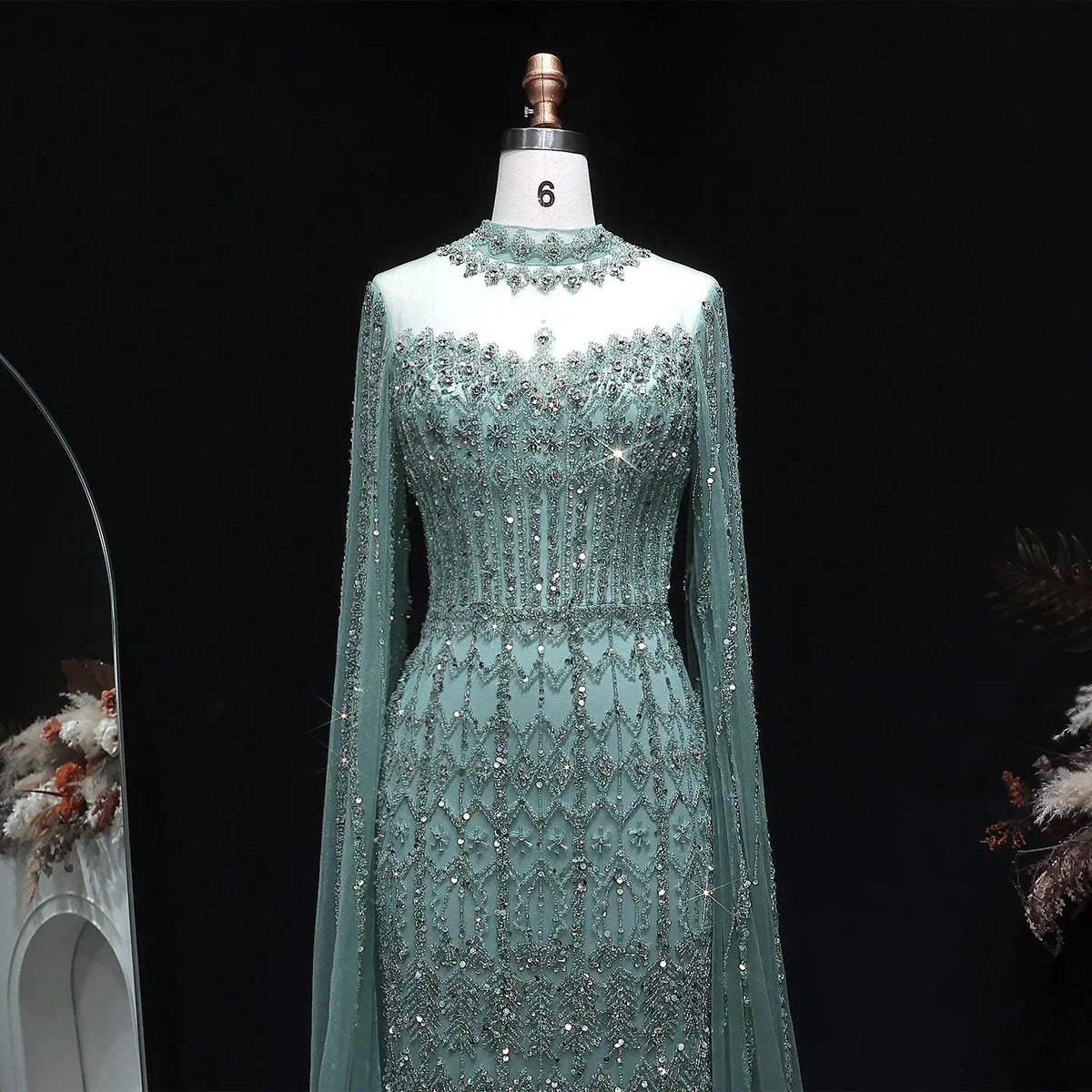 Luxury Green Long Sleeve Sequin Beaded Formal Evening Dress SS150 