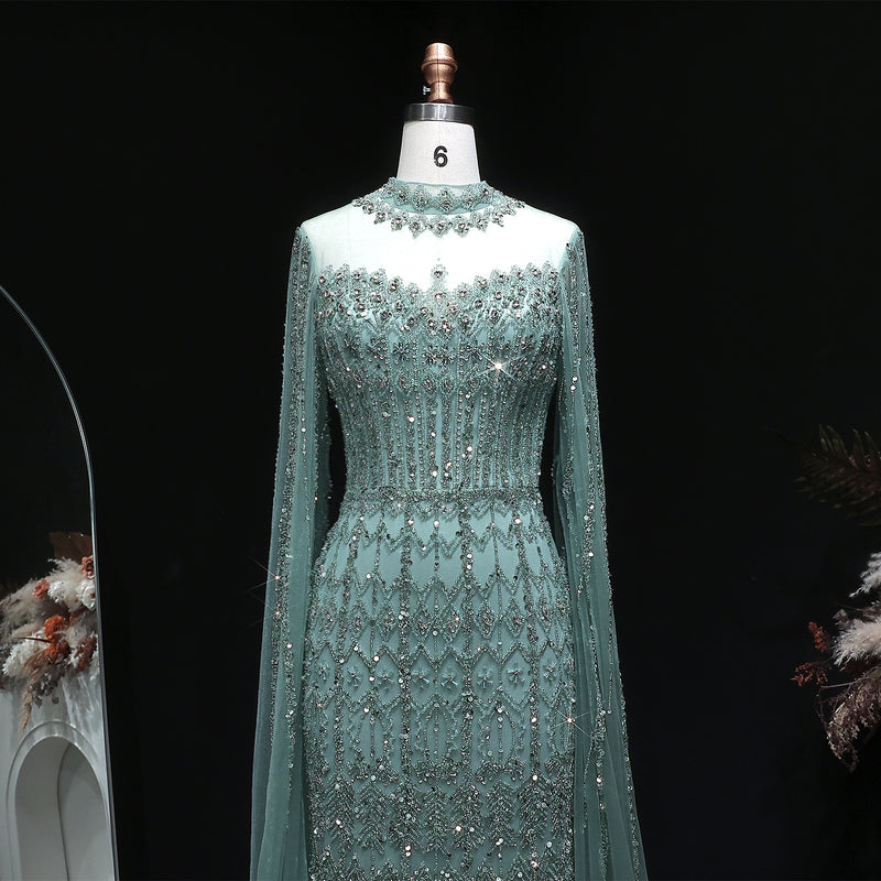 Luxury Green Long Sleeve Sequin Beaded Formal Evening Dress SS150 