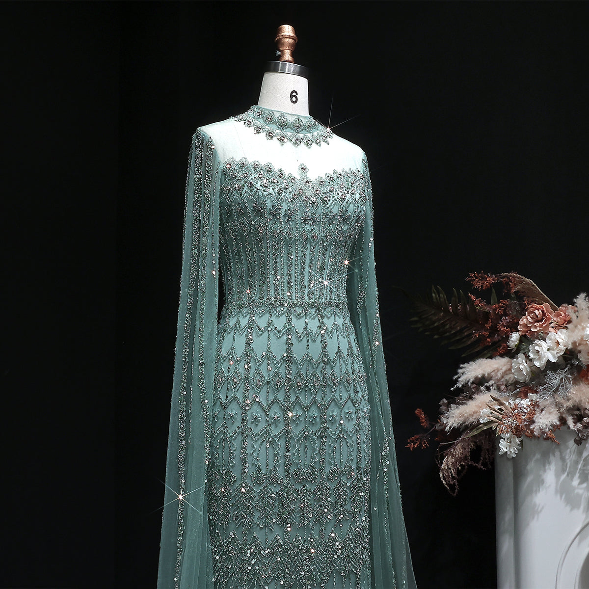 Luxury Green Long Sleeve Sequin Beaded Formal Evening Dress SS150 