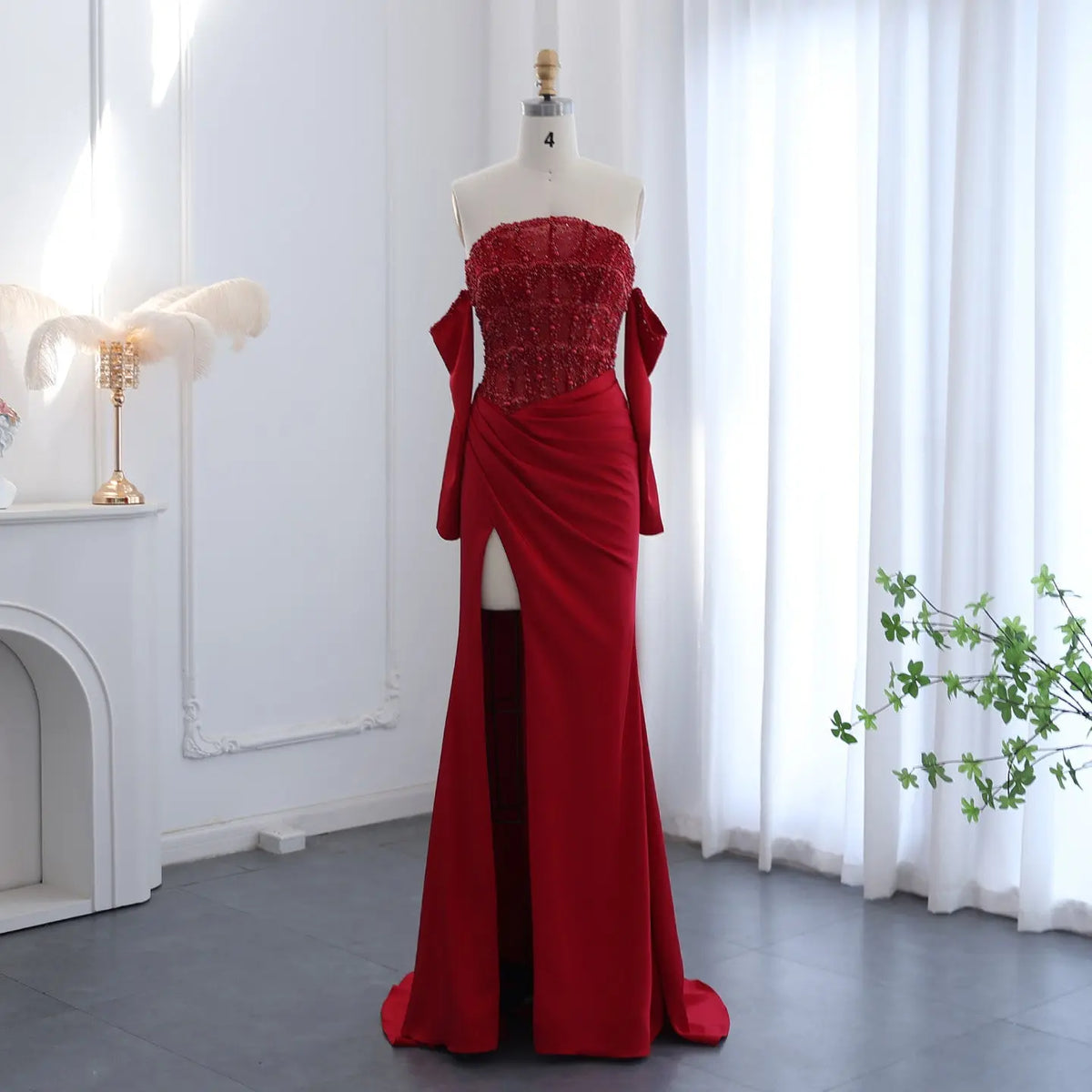 Luxury White Scalloped Evening Dress with High Slit SS416 – SHARONSAID