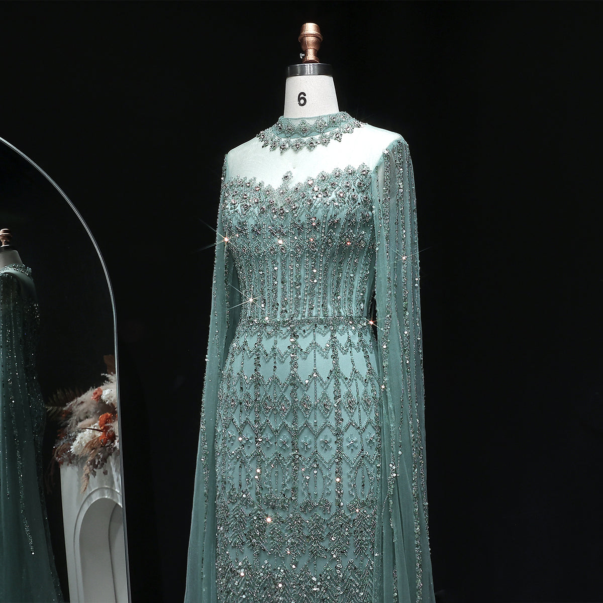Luxury Green Long Sleeve Sequin Beaded Formal Evening Dress SS150 