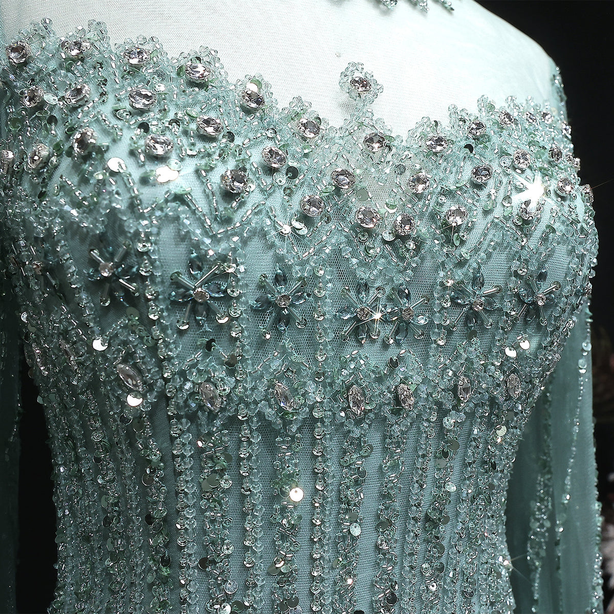 Luxury Green Long Sleeve Sequin Beaded Formal Evening Dress SS150 