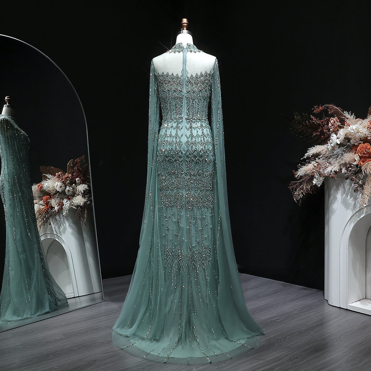 Luxury Green Long Sleeve Sequin Beaded Formal Evening Dress SS150 