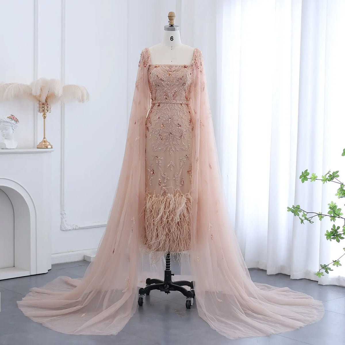 Luxury Feathers Lilac Evening Dress with Cape Sleeves SS381 