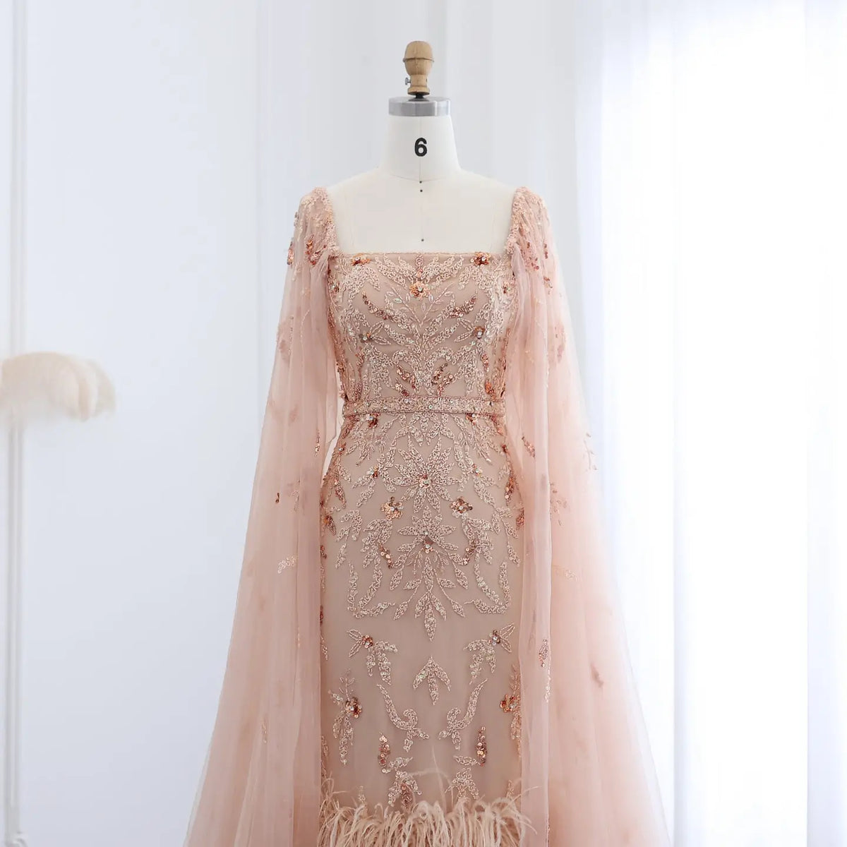 Luxury Feathers Lilac Evening Dress with Cape Sleeves SS381 
