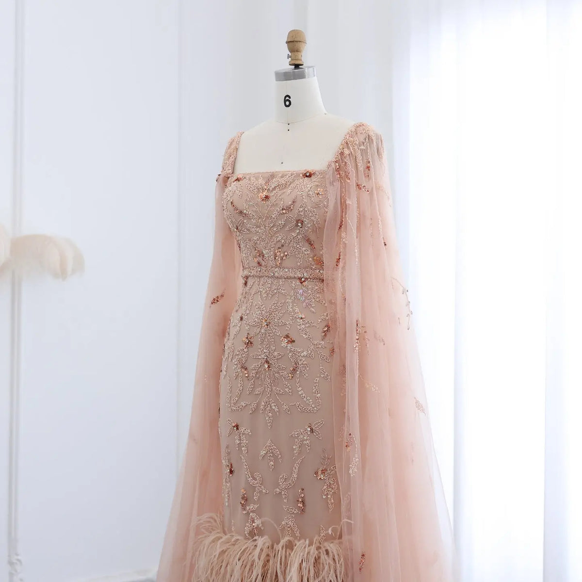 Luxury Feathers Lilac Evening Dress with Cape Sleeves SS381 