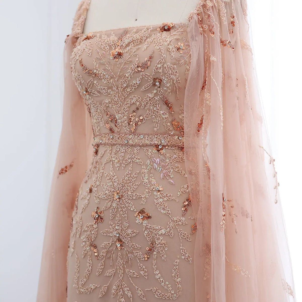 Luxury Feathers Lilac Evening Dress with Cape Sleeves SS381 