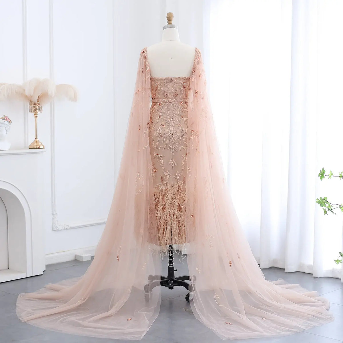 Luxury Feathers Lilac Evening Dress with Cape Sleeves SS381 